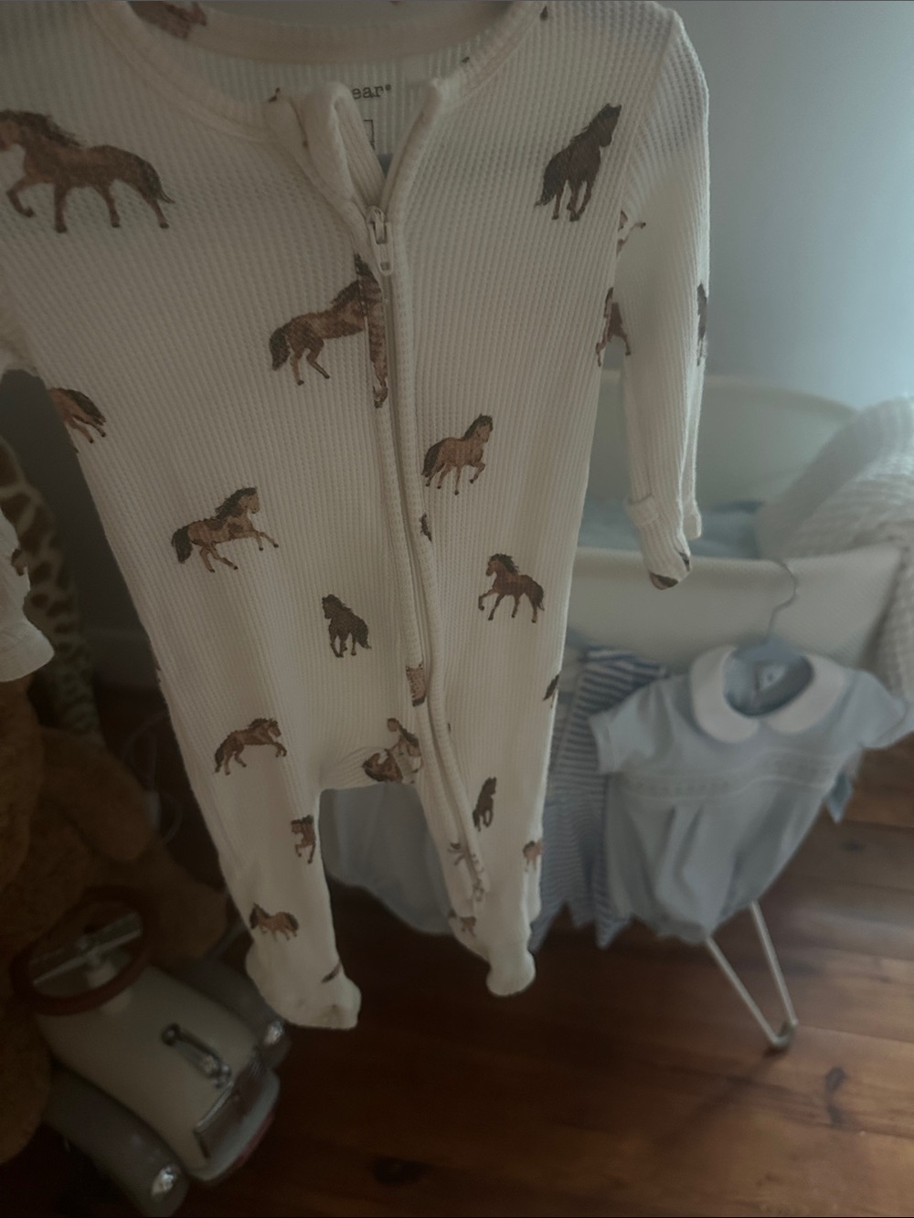 Cream Baby One-Piece Sleeper with Horse Print